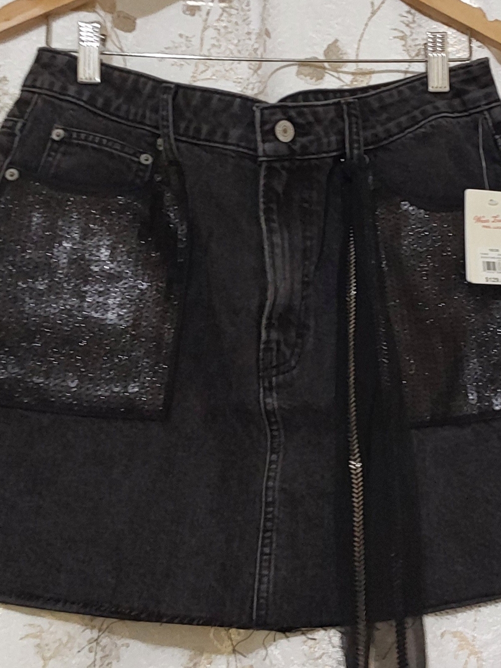 Lucky Brand Black Denim Mini Skirt with Glitter Pockets